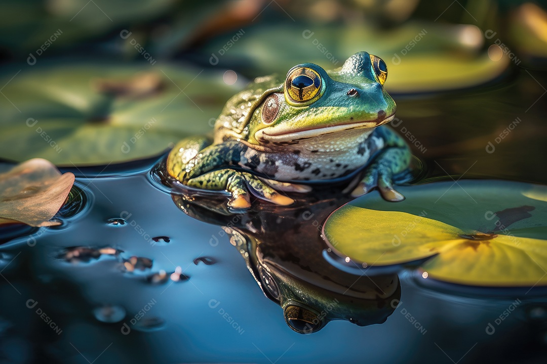 Sapo verde sereno na lagoa com nenúfares coloridos.