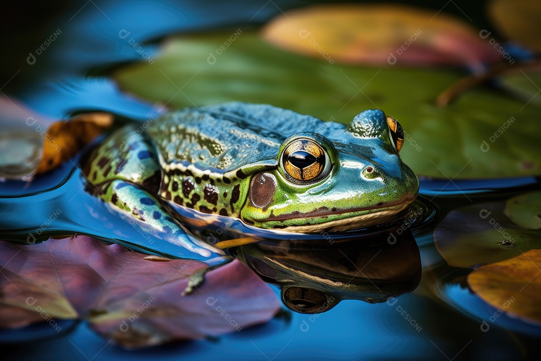 Sapo verde sereno na lagoa com nenúfares coloridos.