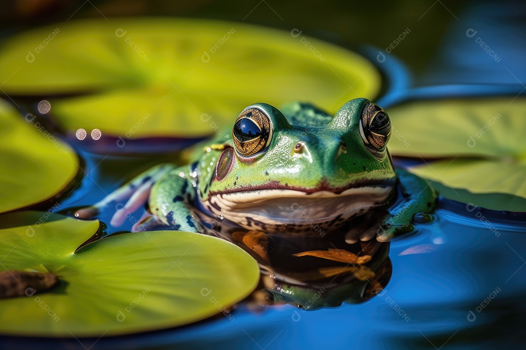 Sapo verde sereno na lagoa com nenúfares coloridos.