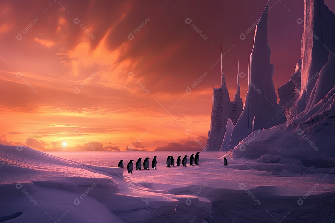 Pinguins-imperadores caminham no gelo, sob um pôr do sol colorido, enquanto um iceberg se destaca.