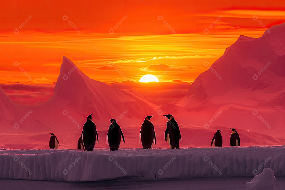 Pinguins-imperadores caminham no gelo, sob um pôr do sol colorido, enquanto um iceberg se destaca.