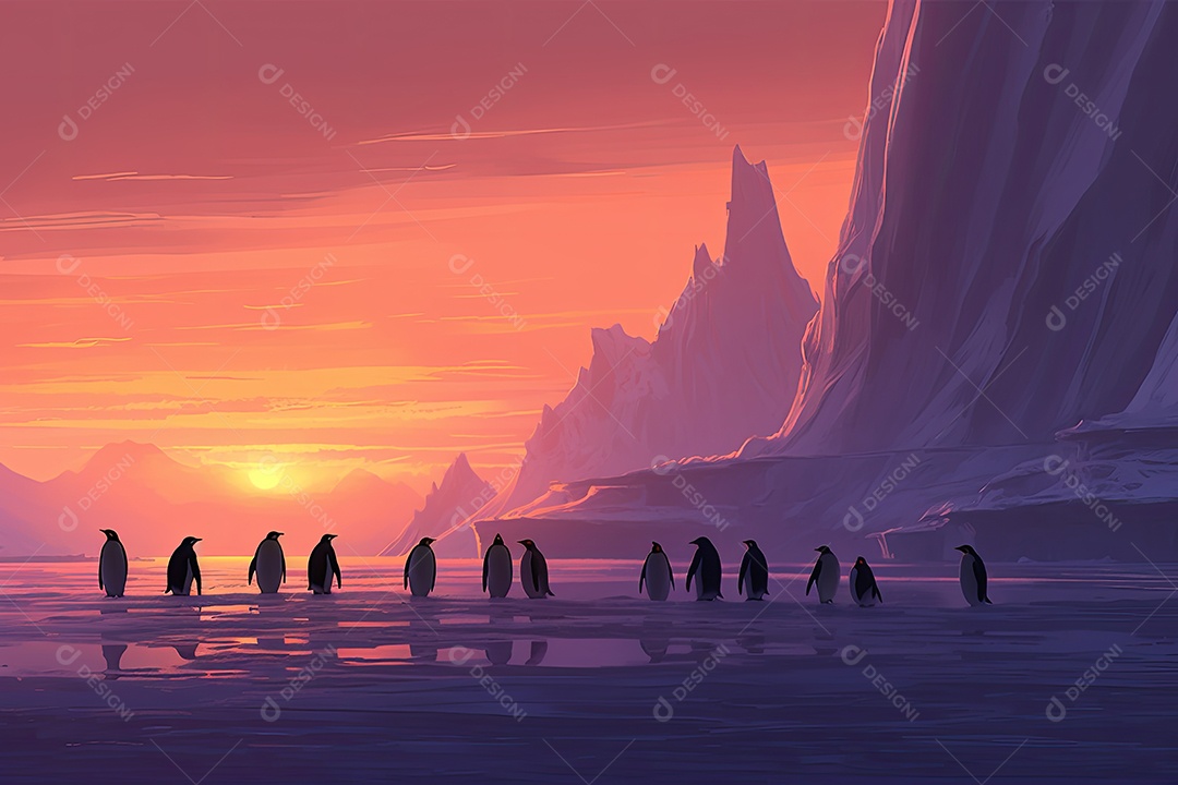 Pinguins-imperadores caminham no gelo, sob um pôr do sol colorido, enquanto um iceberg se destaca.