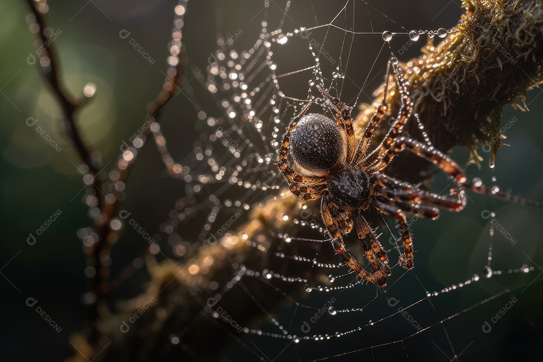 Aranha tecendo teia no crepúsculo com olhos brilhantes.