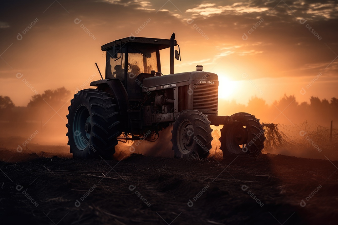 Trator poderoso arando o campo ao entardecer.