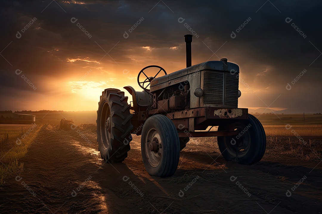 Poderoso trator arando o campo ao entardecer.