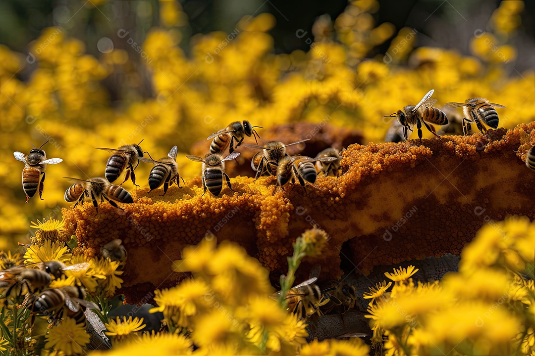 Colmeia vibrante, abelhas em ação, flora colorida. Harmonia polinizadora.