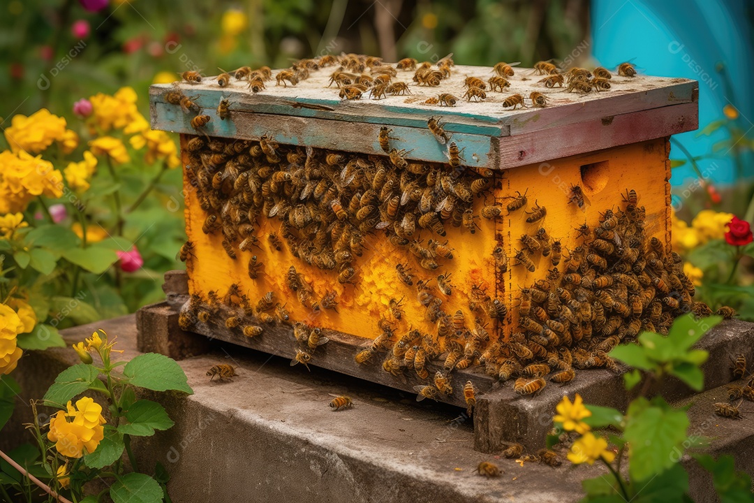 Colmeia vibrante, abelhas em ação, flora colorida. Harmonia polinizadora.