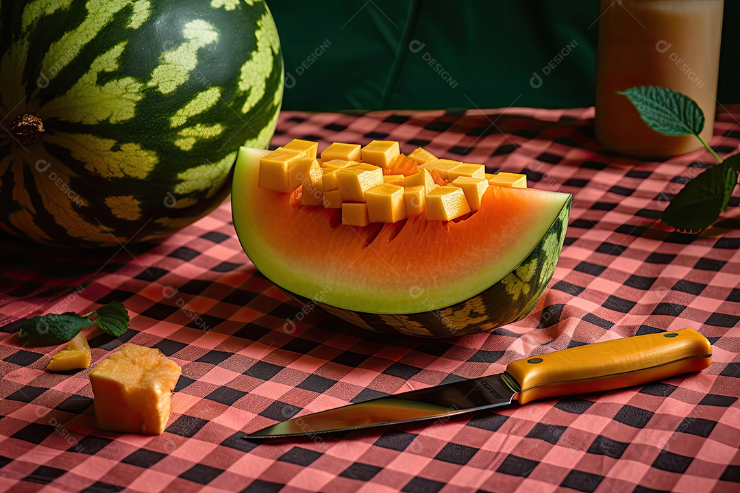 Melão suculento cercado por fatias frescas e faca pronta.