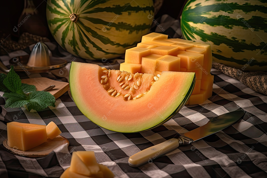 Melão suculento cercado por fatias frescas e faca pronta.