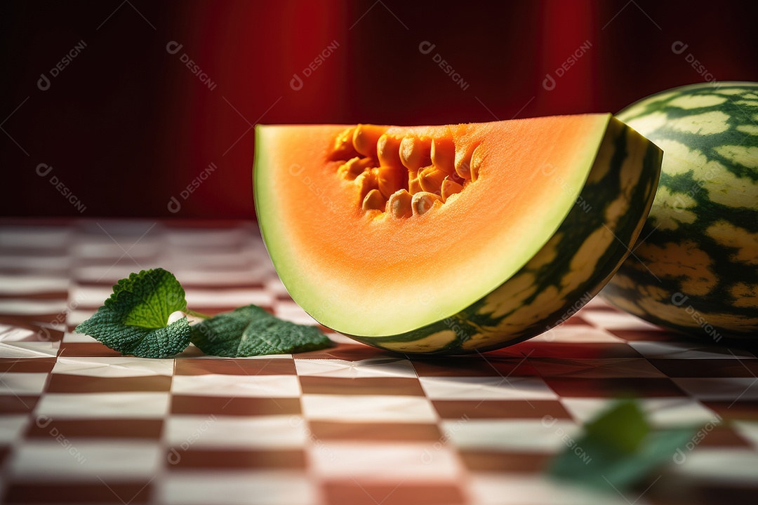 Melão suculento cercado por fatias frescas e faca pronta.