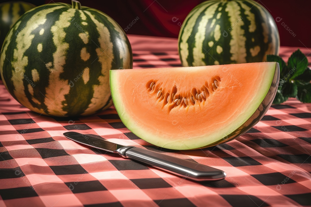 Melão suculento cercado por fatias frescas e faca pronta.