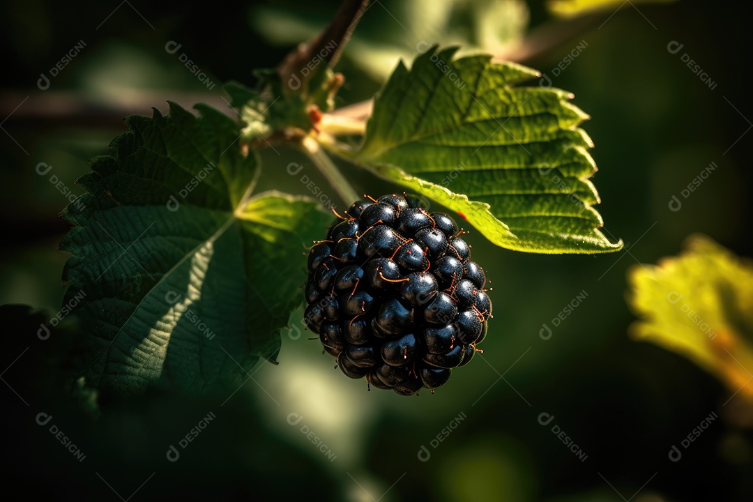 Amora madura e suculenta, destaca-se na folhagem verde.