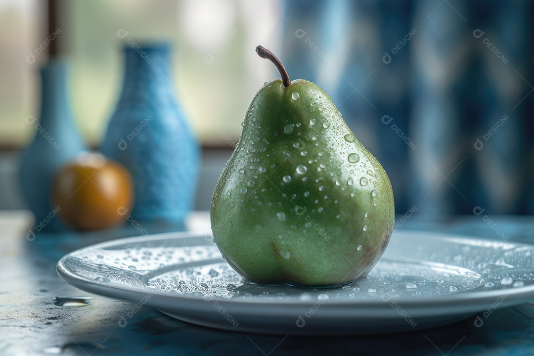Pêra suculenta no prato, frescura e beleza.