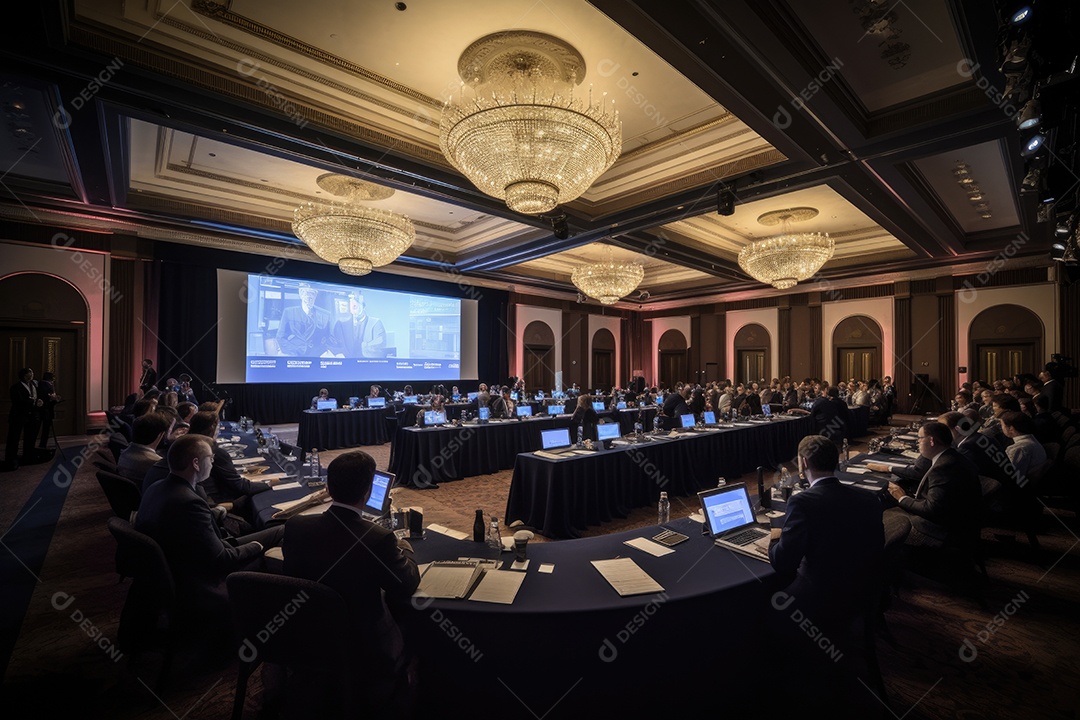 Executivos atenciosos, apresentação corporativa. Sala iluminada, projeções na tela grande.