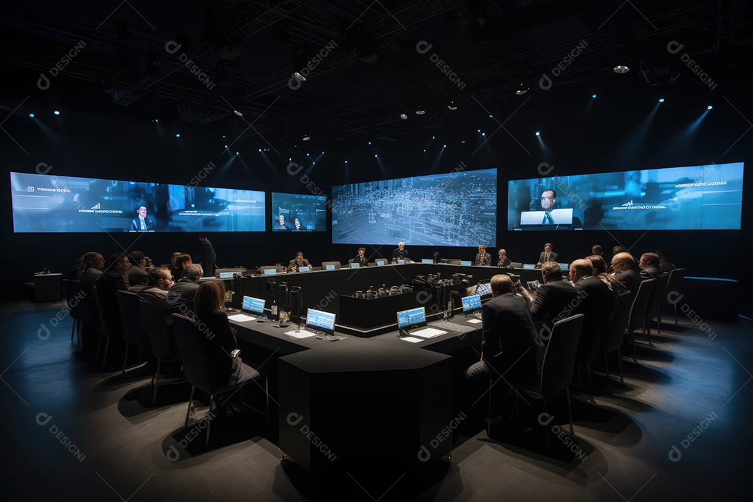 Executivos atenciosos, apresentação corporativa. Sala iluminada, projeções na tela grande.