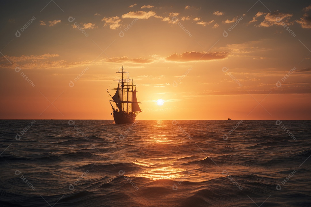 Barco solitário navegando sob o pôr do sol laranja.