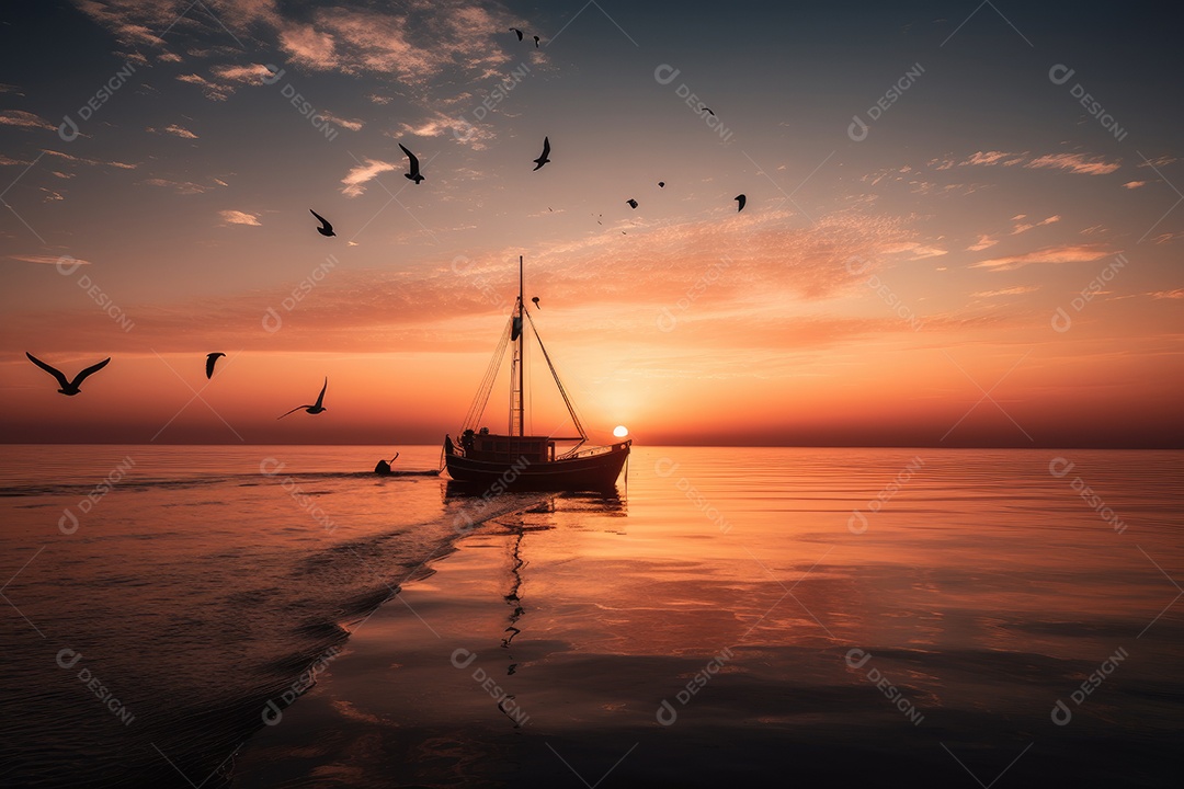 Barco solitário navegando sob o pôr do sol laranja.