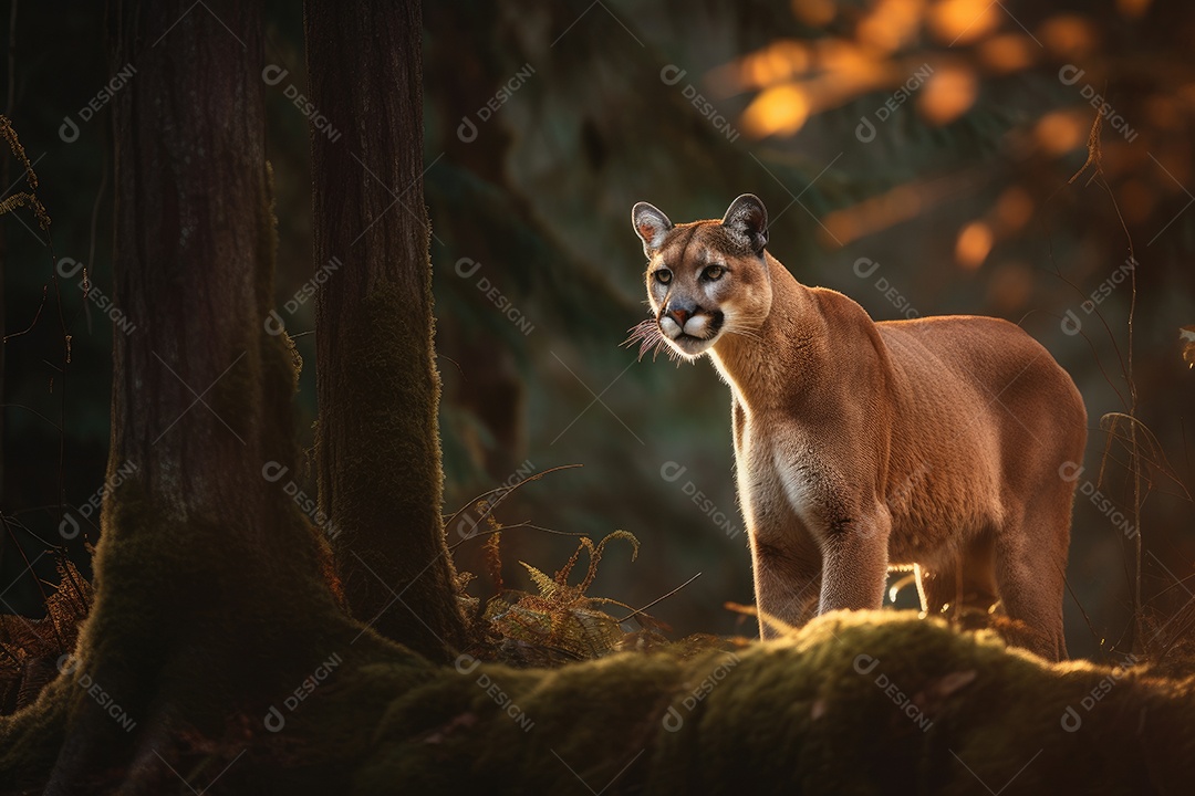 Majestoso puma em alerta na exuberante floresta.