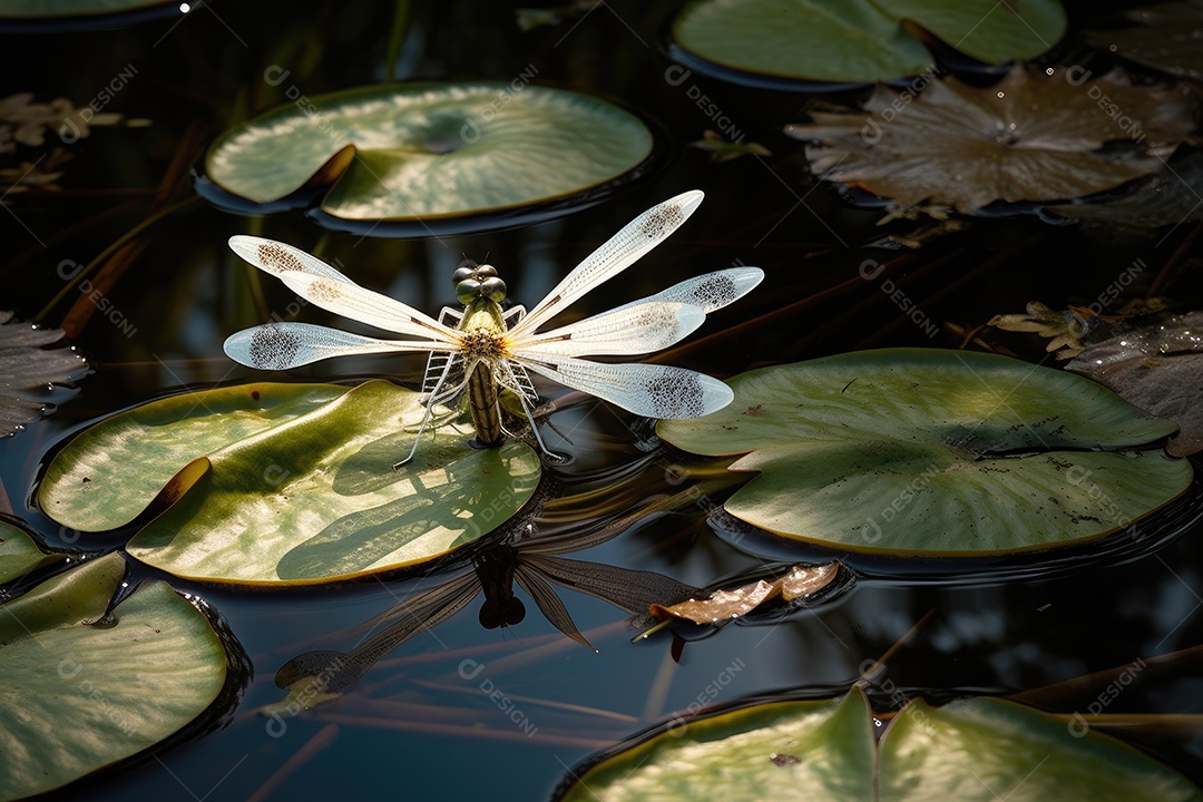 Libélula graciosa pousando em lírio branco. Serenidade natural.