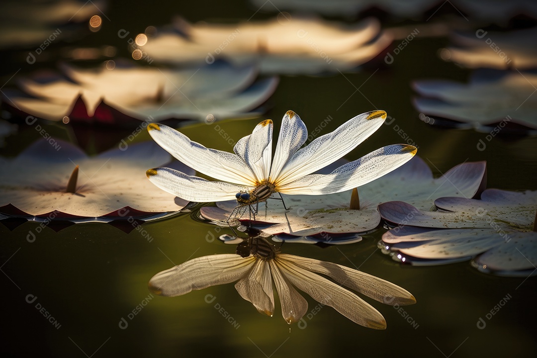 Libélula graciosa pousando em lírio branco. Serenidade natural.