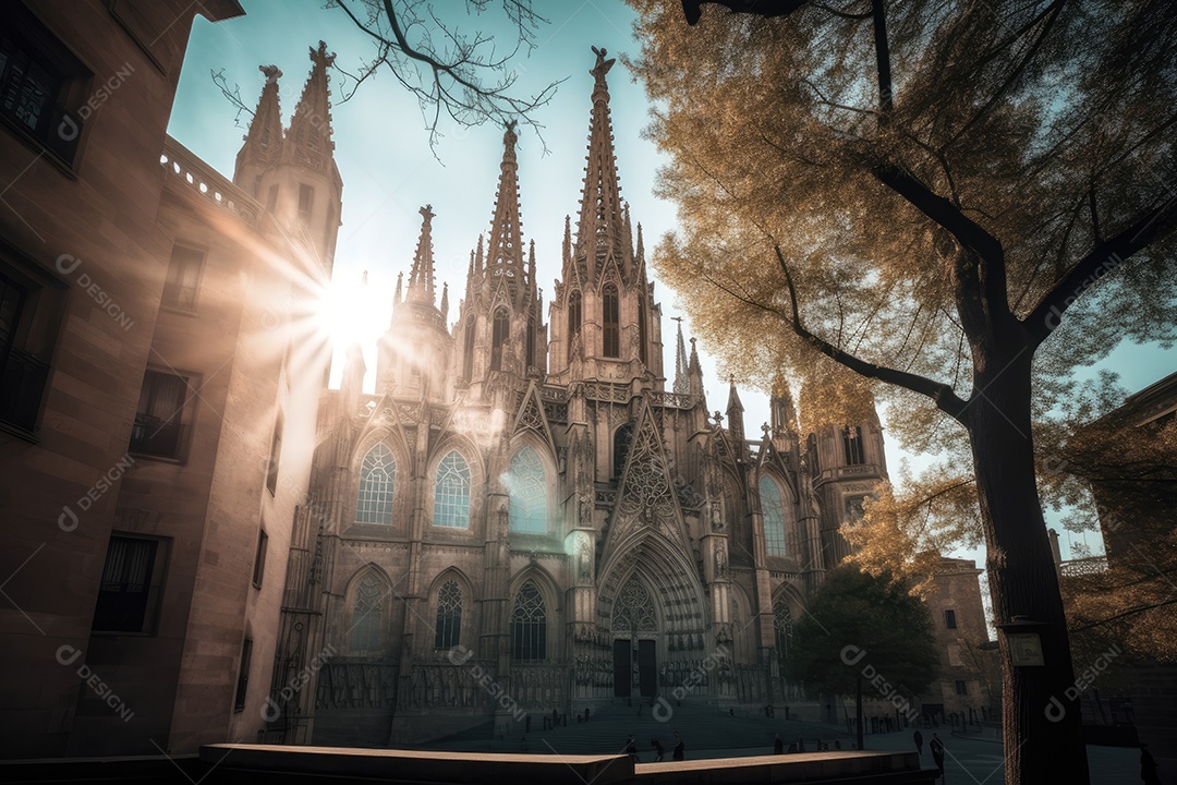 Praça movimentada com majestosa catedral gótica ao fundo.