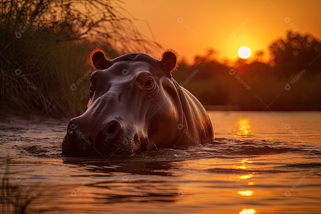 Pôr do sol na savana: majestoso hipopótamo à beira do rio.