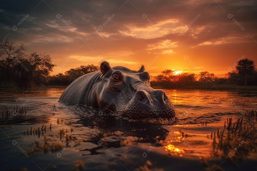 Pôr do sol na savana: majestoso hipopótamo à beira do rio.