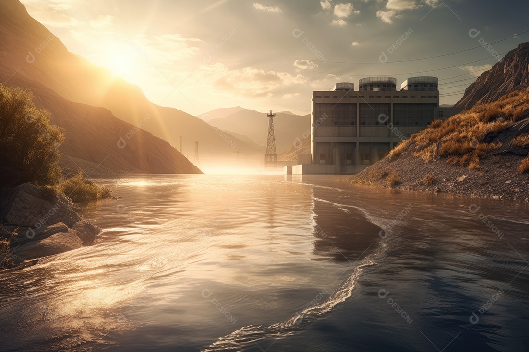 Majestosa usina hidrelétrica refletindo a natureza exuberante