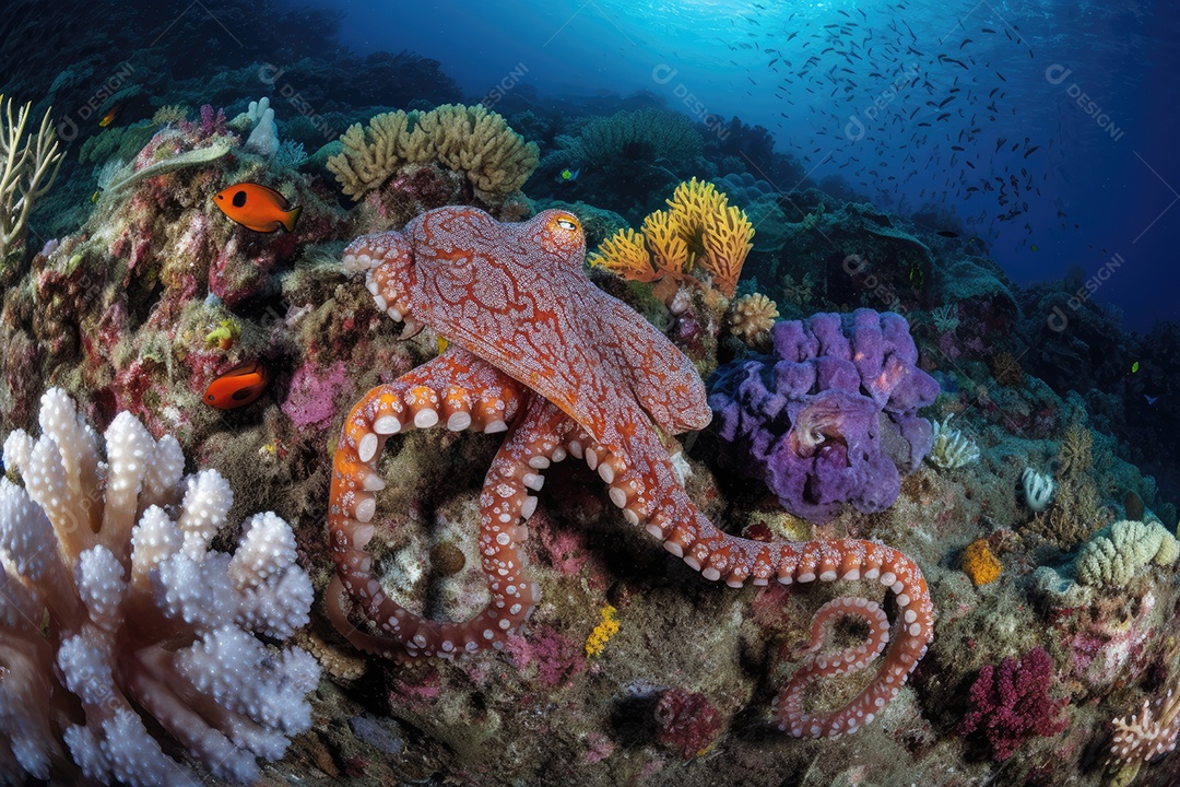 Polvo dançando em recifes coloridos, camuflagem deslumbrante.