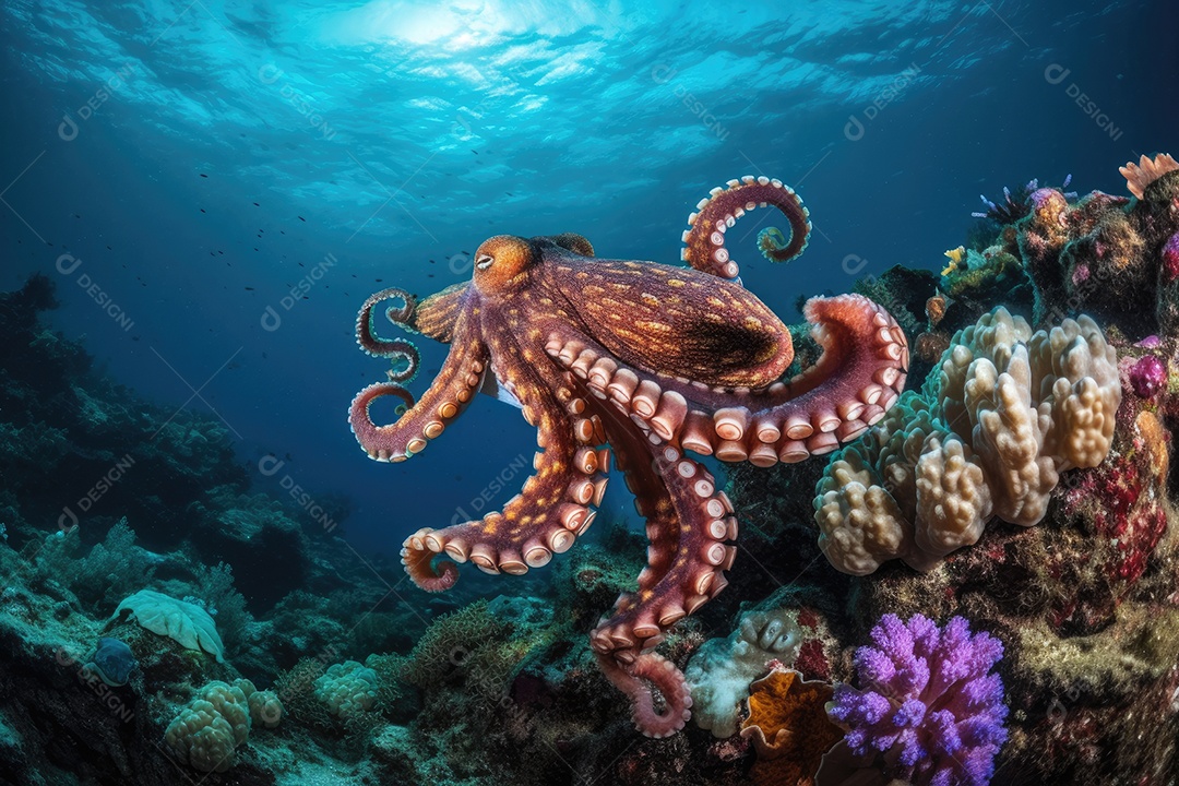 Polvo dançando em recifes coloridos, camuflagem deslumbrante.