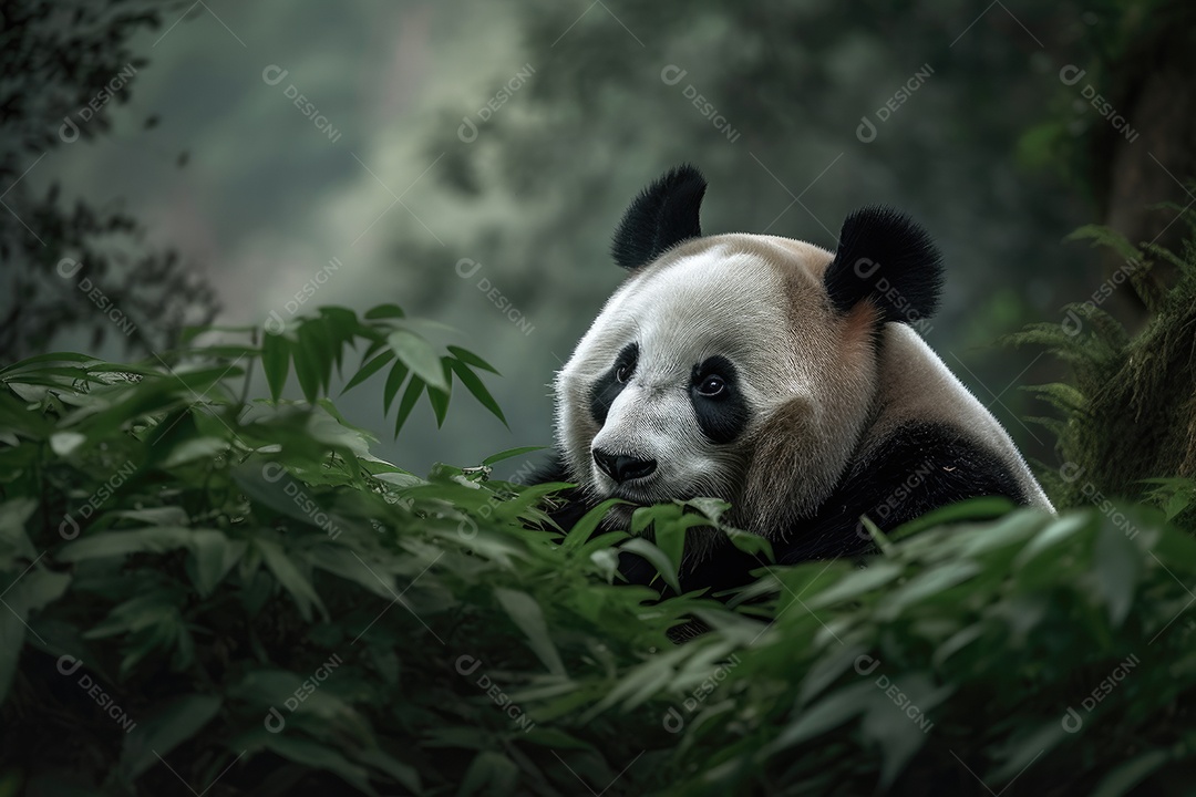 Majestoso panda descansa entre bambus.