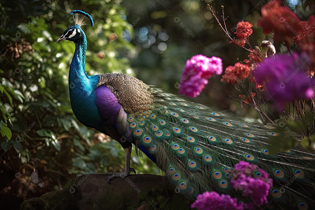 Pavão majestoso exibindo plumagem cintilante em jardim colorido.