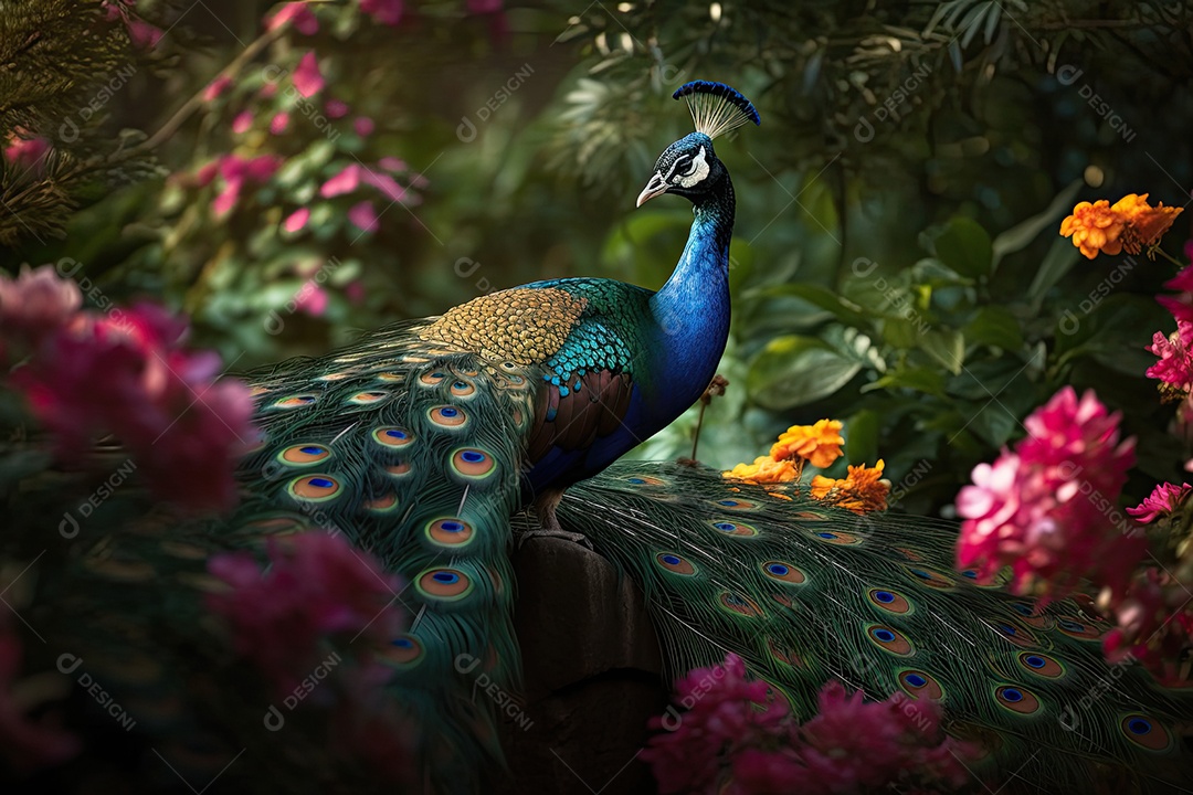Pavão majestoso exibindo plumagem cintilante em jardim colorido.