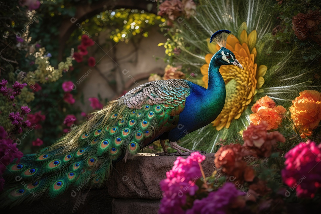 Pavão majestoso exibindo plumagem cintilante em jardim colorido.