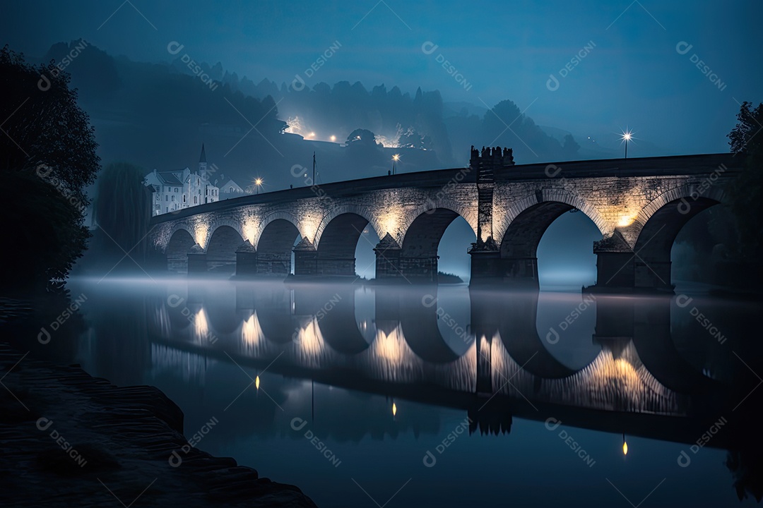 Ponte gótica à noite refletindo na água.
