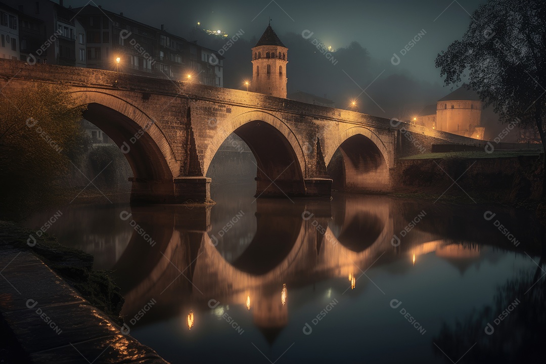 Ponte gótica à noite refletindo na água.