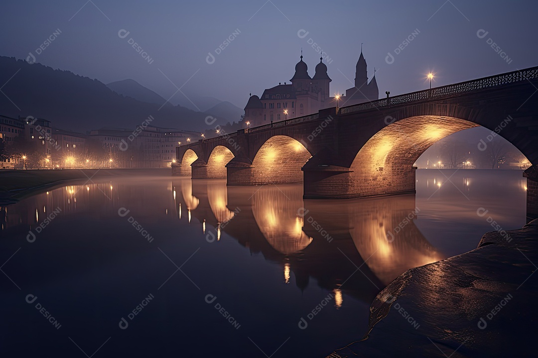 Ponte gótica à noite refletindo na água.