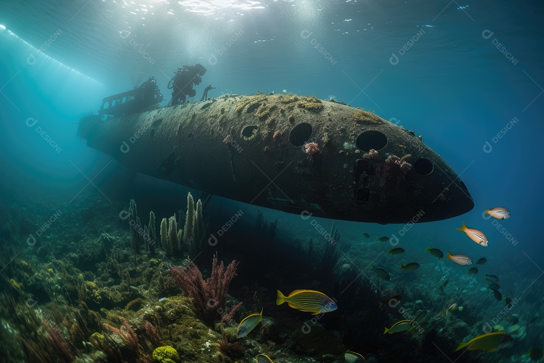 Submarino majestoso emerge com peixes coloridos ao redor.