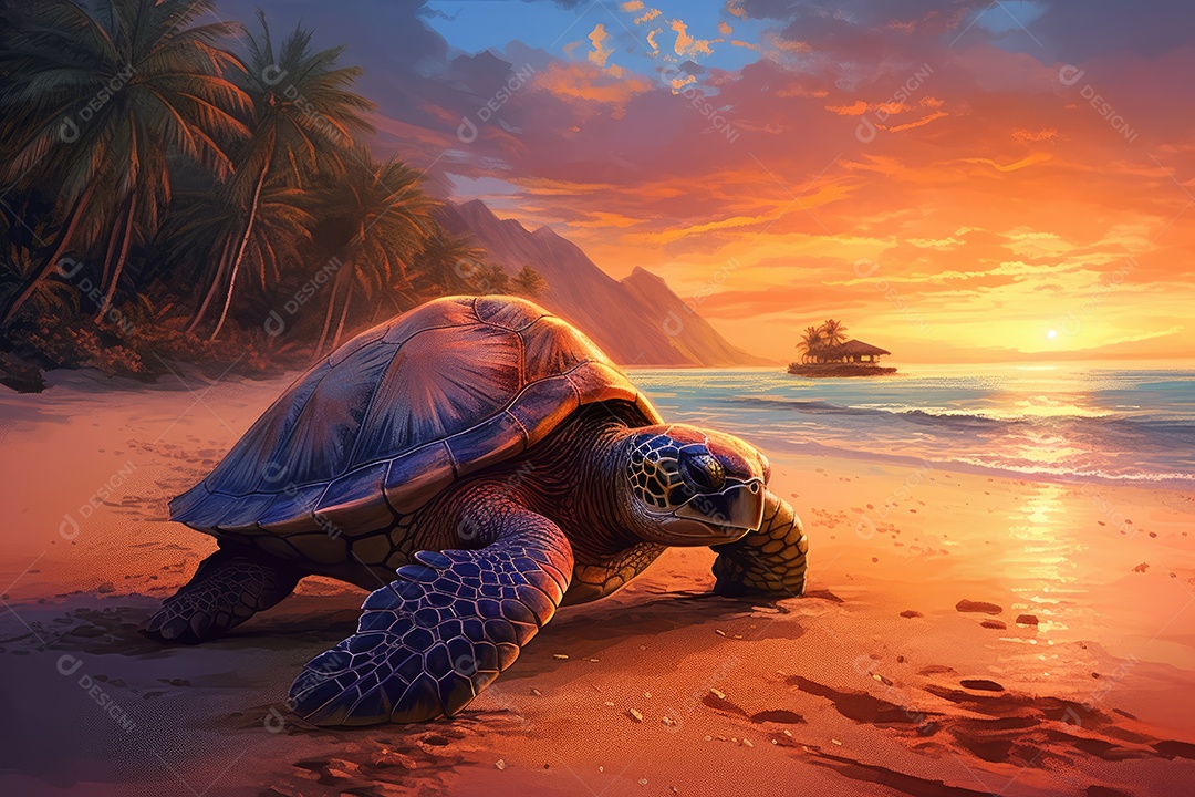 Majestosa tartaruga na praia ao pôr do sol.