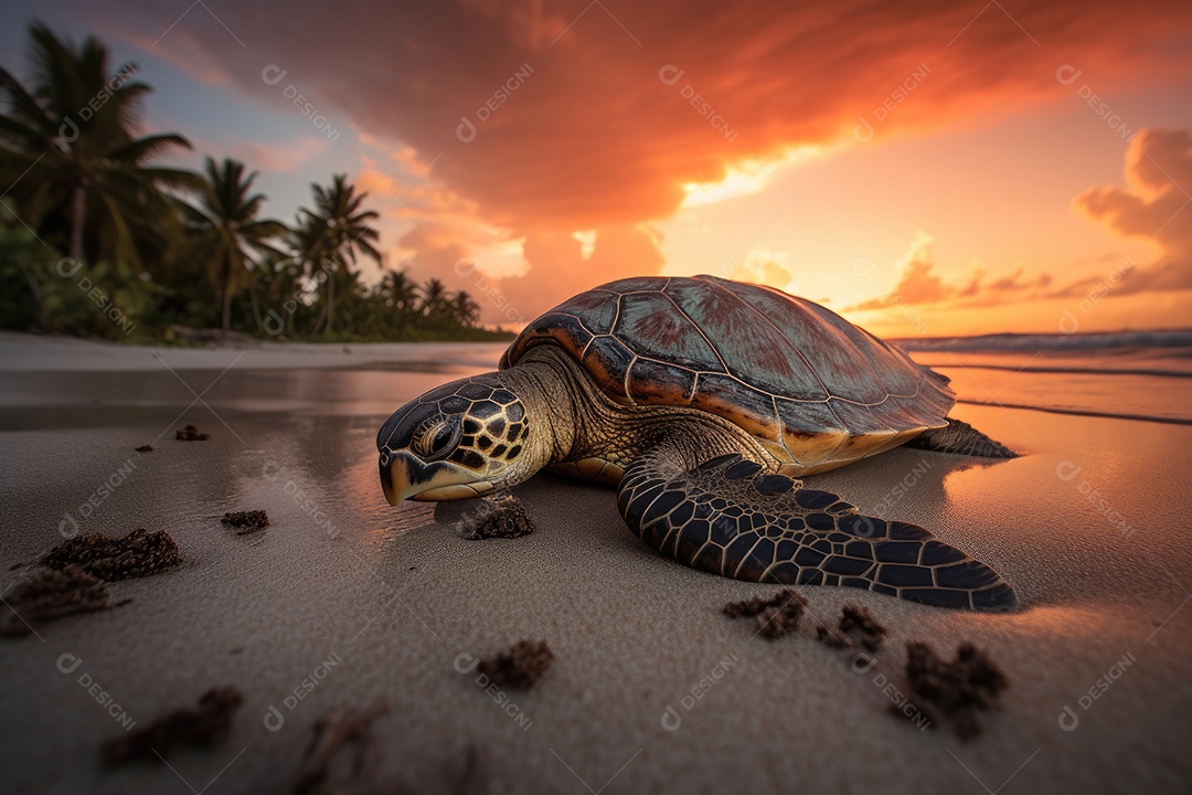 Majestosa tartaruga na praia ao pôr do sol.