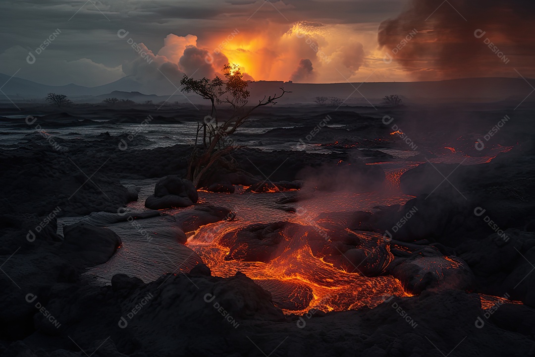 Vulcão em erupção, paisagem intensa e ameaçadora.