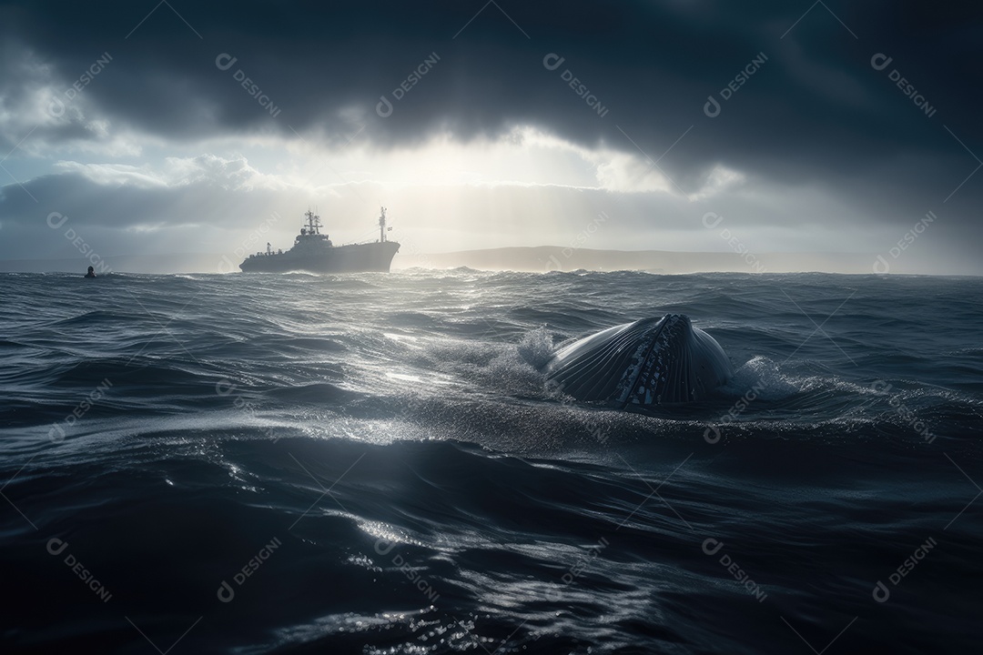 A majestosa baleia emerge no oceano sereno.