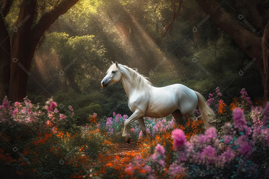 Majestoso unicórnio branco galopando na floresta encantada.