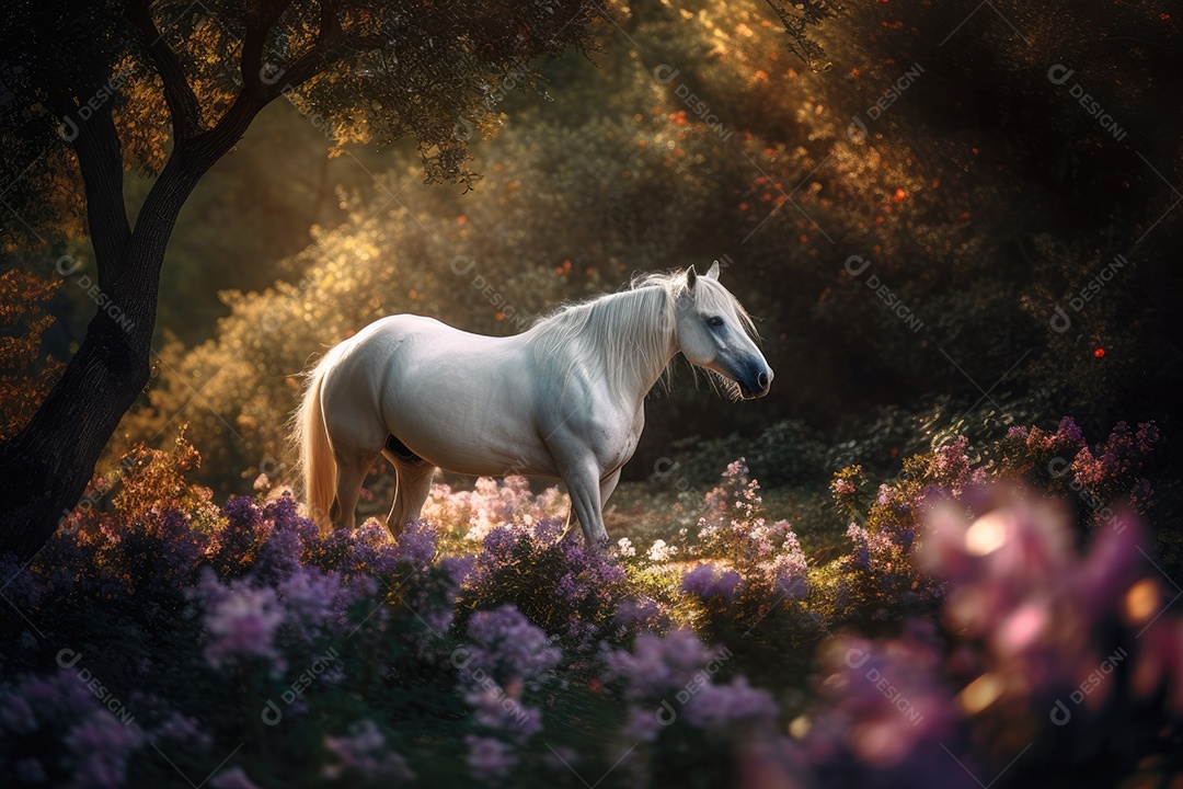 Majestoso unicórnio branco galopando na floresta encantada.