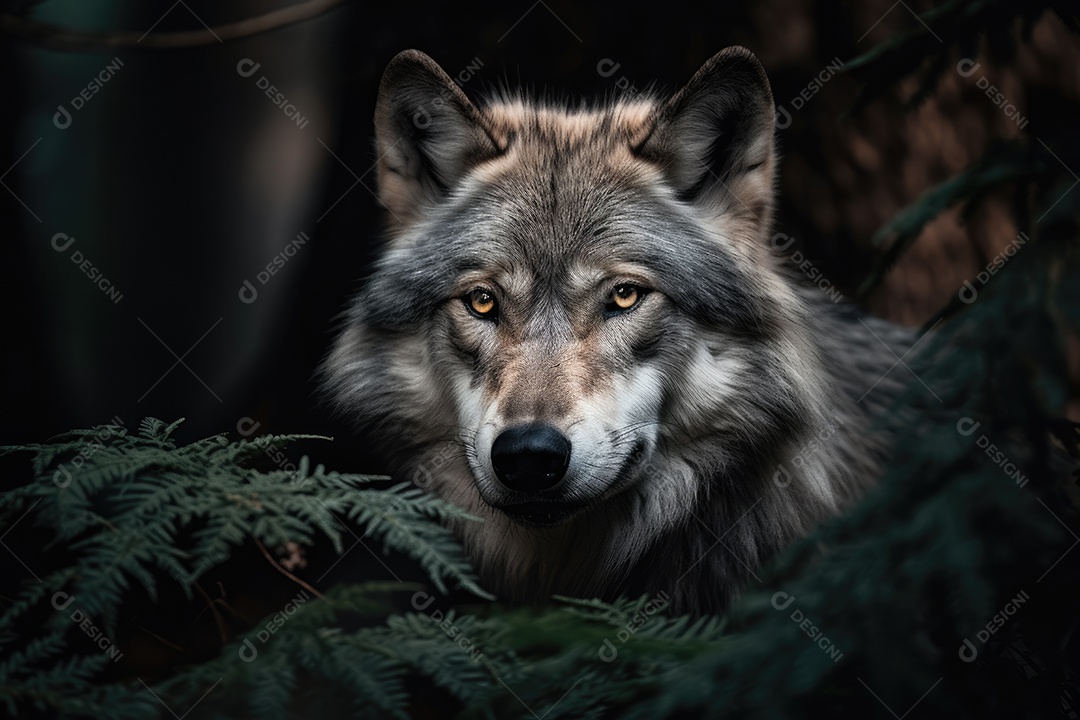 O majestoso lobo emerge sob a lua, cercado por árvores retorcidas.