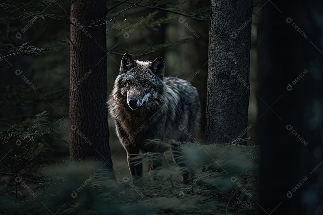 O majestoso lobo emerge sob a lua, cercado por árvores retorcidas.