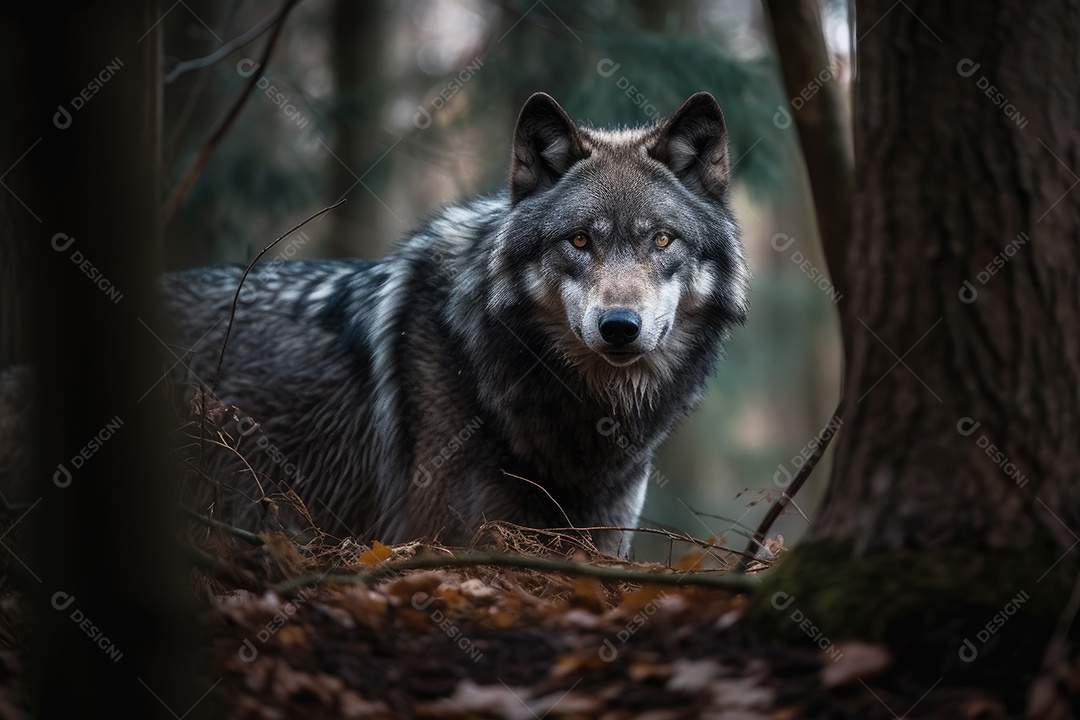 O majestoso lobo emerge sob a lua, cercado por árvores retorcidas.