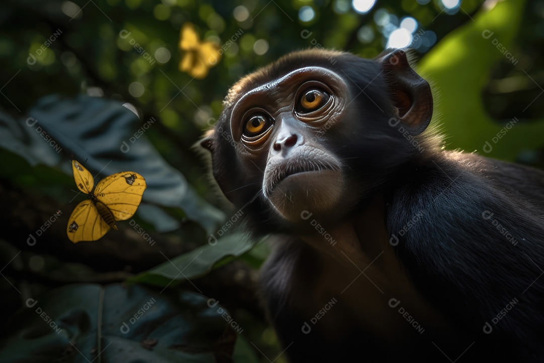 Macaco curioso prova banana na selva exuberante.
