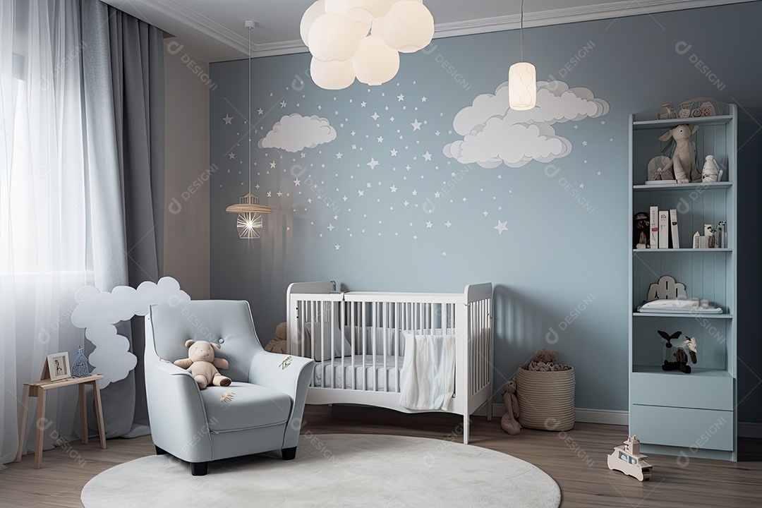 Quarto de bebê moderno: tons suaves, berço minimalista, móveis elegantes e mural de nuvens.