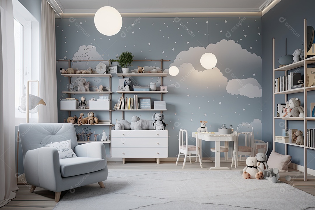 Quarto de bebê moderno: tons suaves, berço minimalista, móveis elegantes e mural de nuvens.